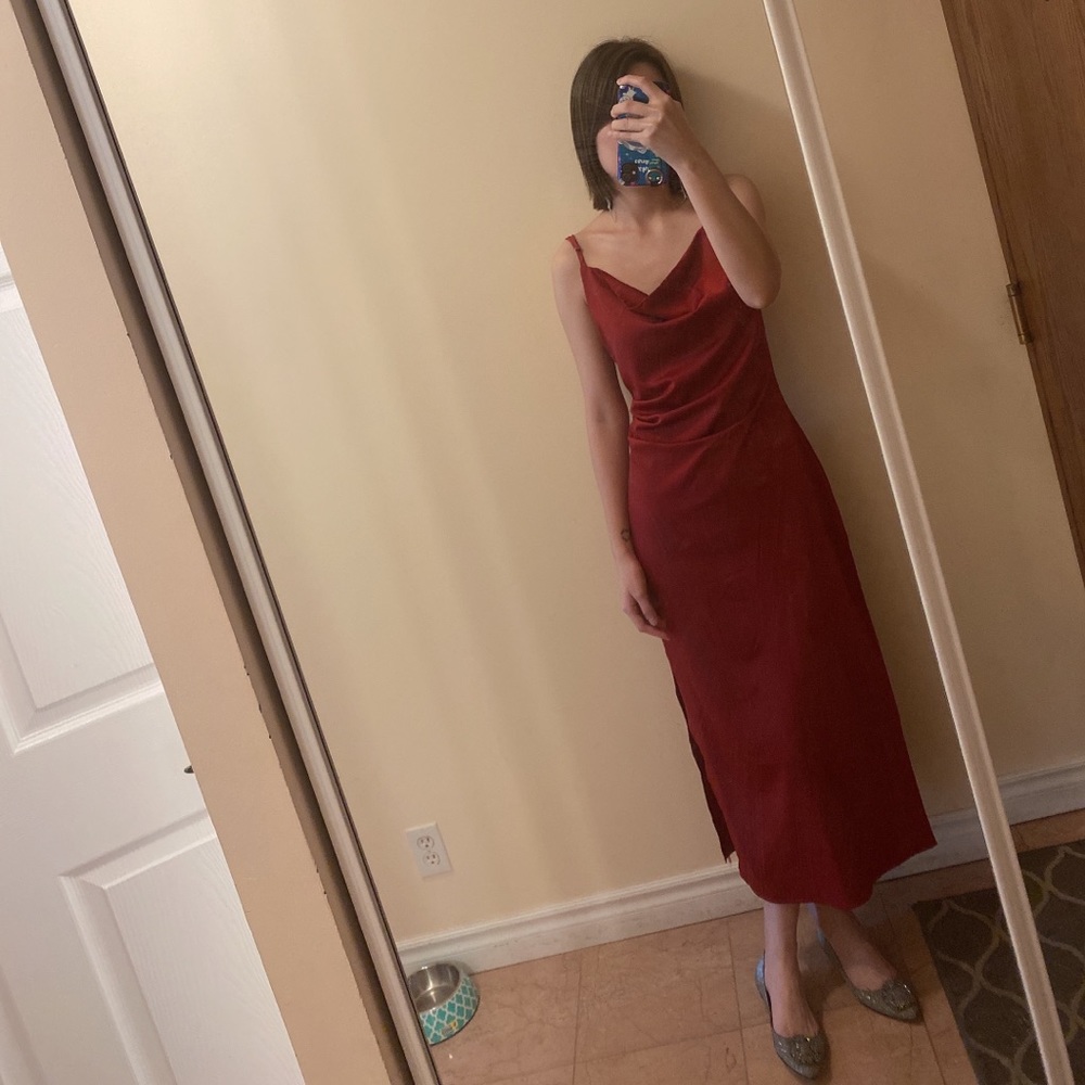 Burgundy satin evening dress